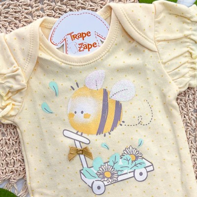 Kit 3 Peças - Bodys Manga Curta Bem Me Quer Abelhas - Amarelo, Off White e Mostarda